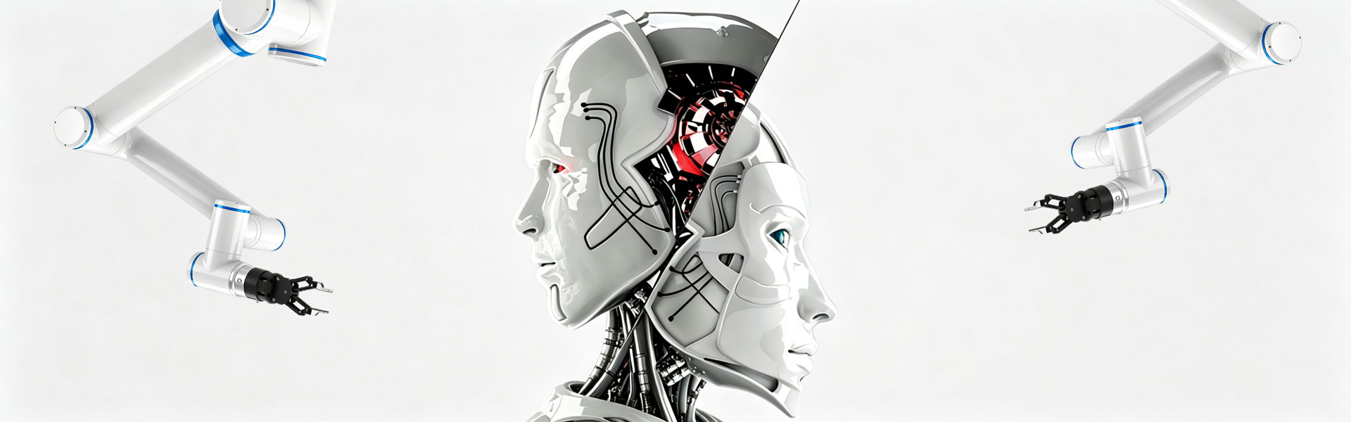 Two 6-axis collaborative robots on sides with two humanoid robot heads in center for industrial automation